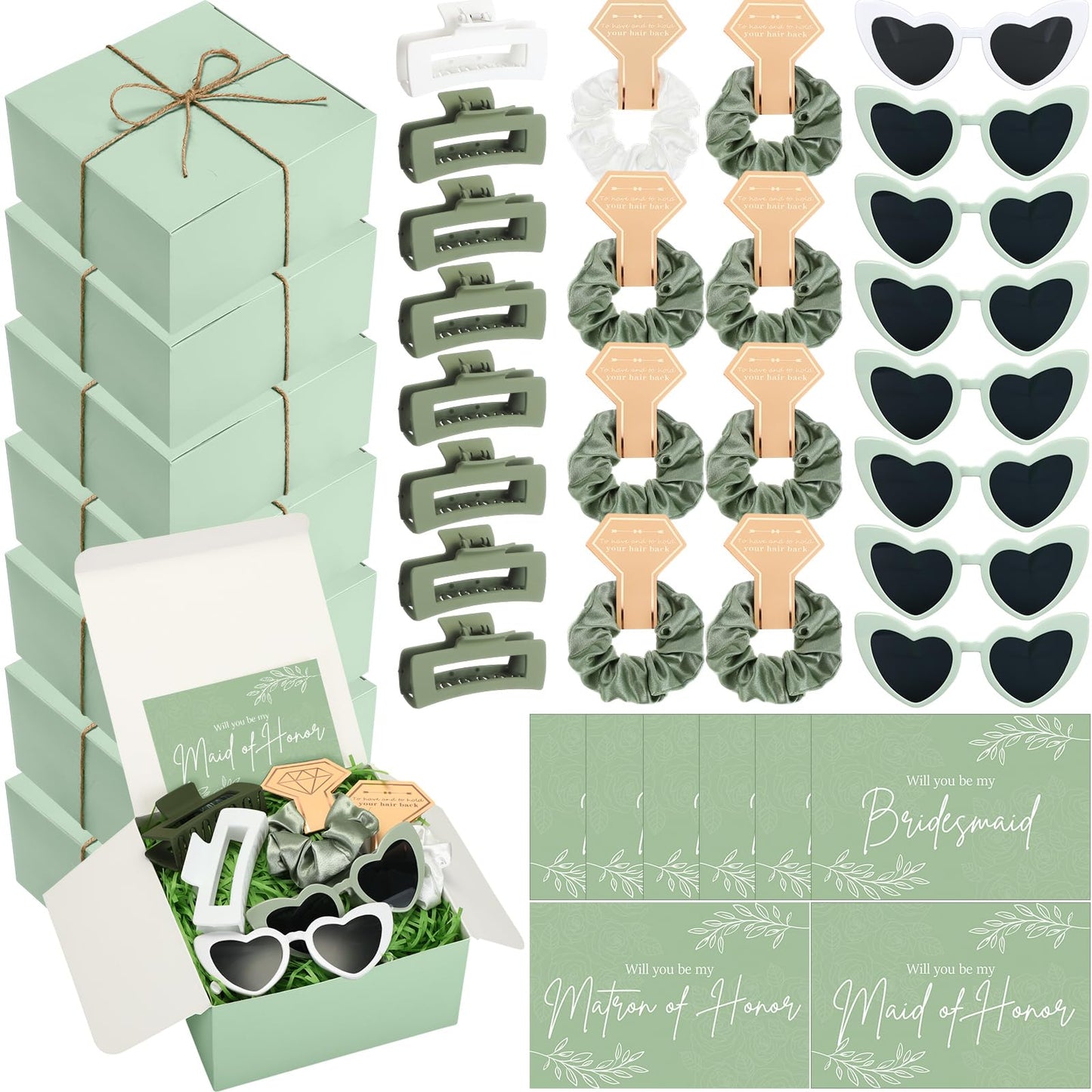 Geiserailie 40 Pcs 8 Set Bridesmaid Proposal Gifts Will You Be My Bridesmaid 4.1in Square Hair Claws Heart Sunglasses(Green)