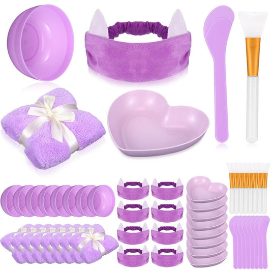 HunnmingRe 48 Pcs Spa Party Supplies for Women Face Mask Mixing Bowl Spa Towel Heart Bowl Stick Spatulas for Sleepover Party(Purple)