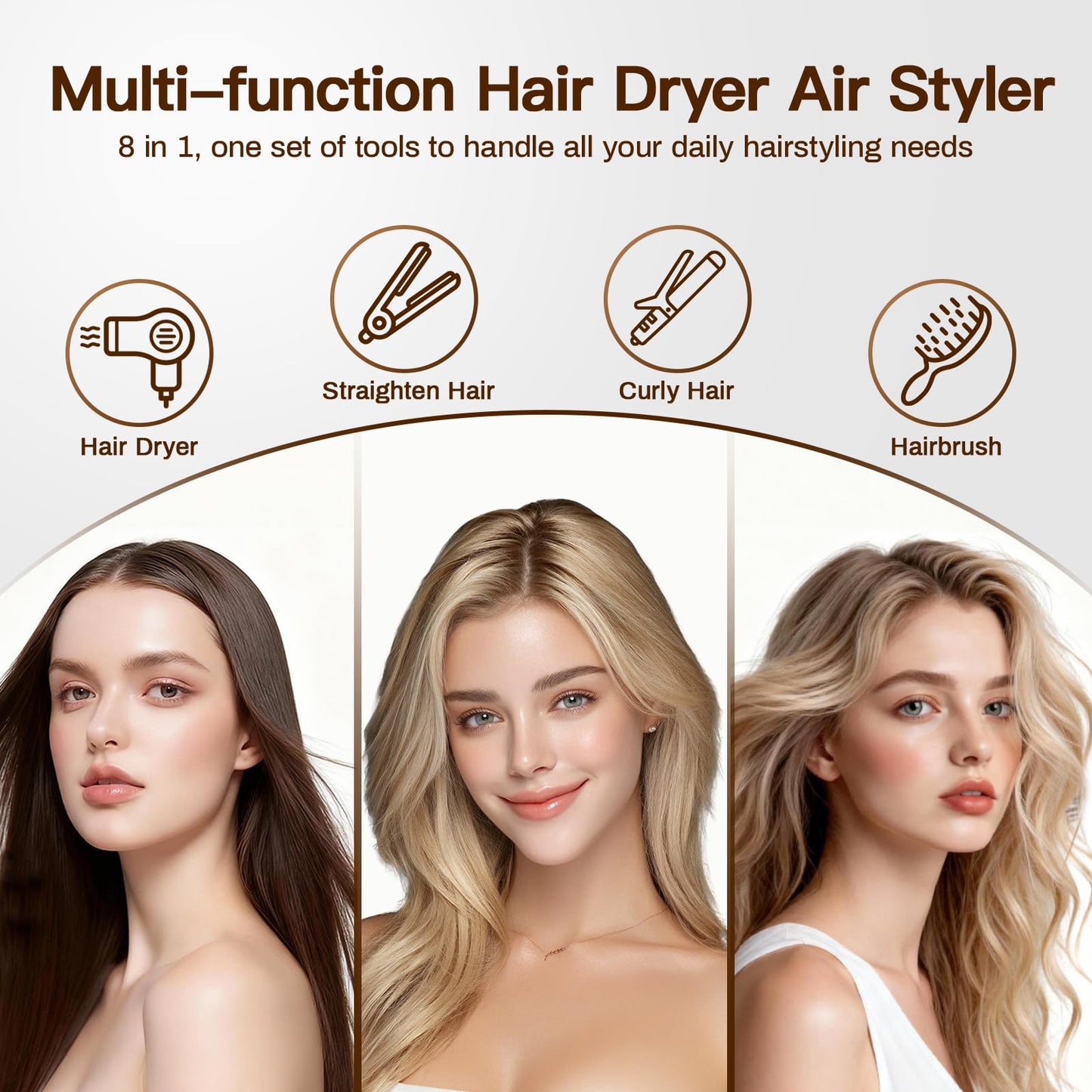 Hair Blow Dryer Brush, 3 in 1 Hair Brush for Fast Drying, Straightening and Curling, Creat Voluminous and Smooth Hair, Ceramic, Temperature Adjustable