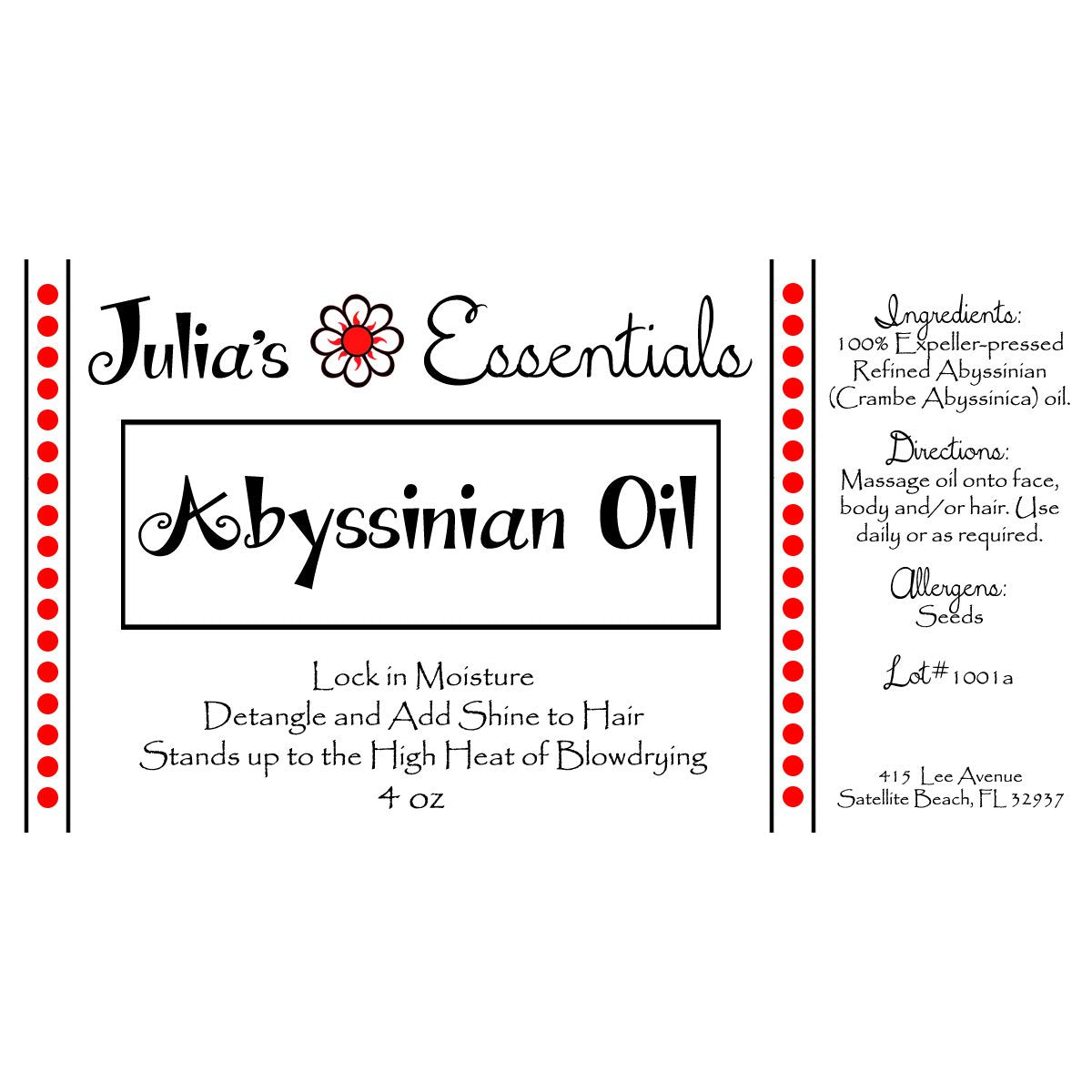 Julia's Essentials 100% Pure Abyssinian Oil. Revivify Dry Damaged Hair - Hydrate, Nourish, Strengthen & Moisturize. Heat Protectant & Shine Oil Naturally Canada Grown (Crambe Abyssinica)(2oz)