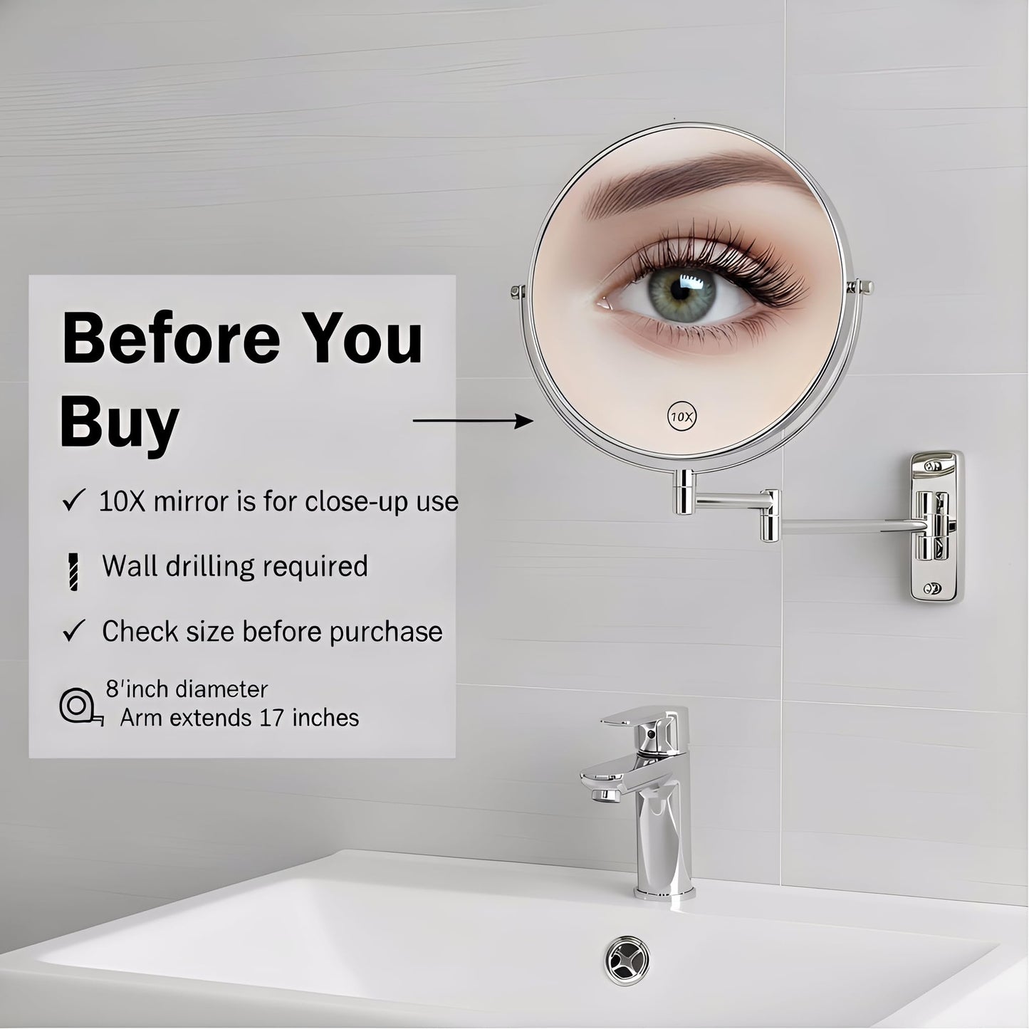 AumVum 8" Extendable Bathroom Mirror Wall Mount with 1X/10X Magnification, 360° Swivel Double Sided Vanity & Shaving Mirror, Nickel Finish (No Light)