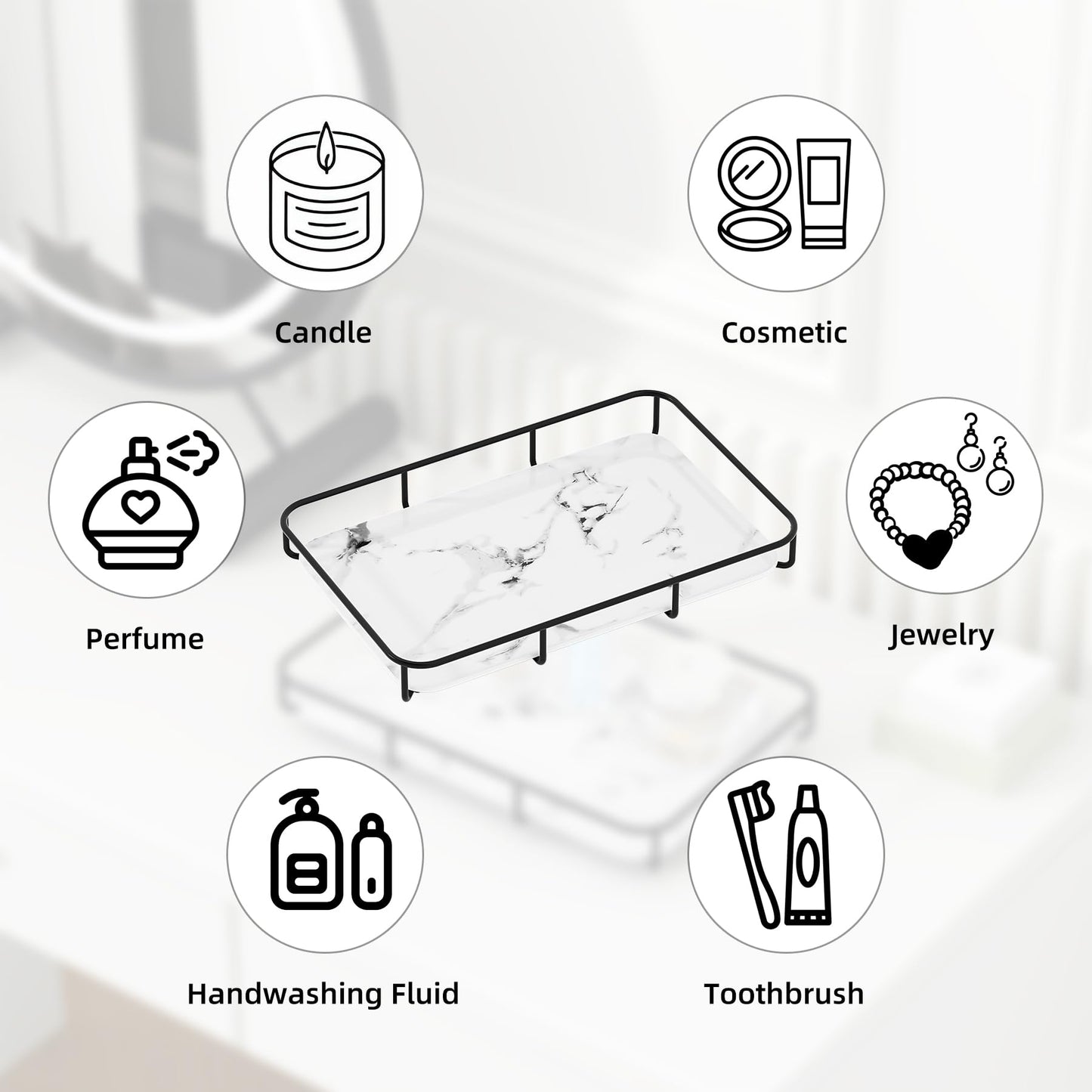 Bathroom Organizer Countertop Perfume Organizer Makeup Organizer Cosmetics Storage Display Rack Vanity Tray Dresser Stainless Steel Gold Shelf White Marble Ceramic Tray