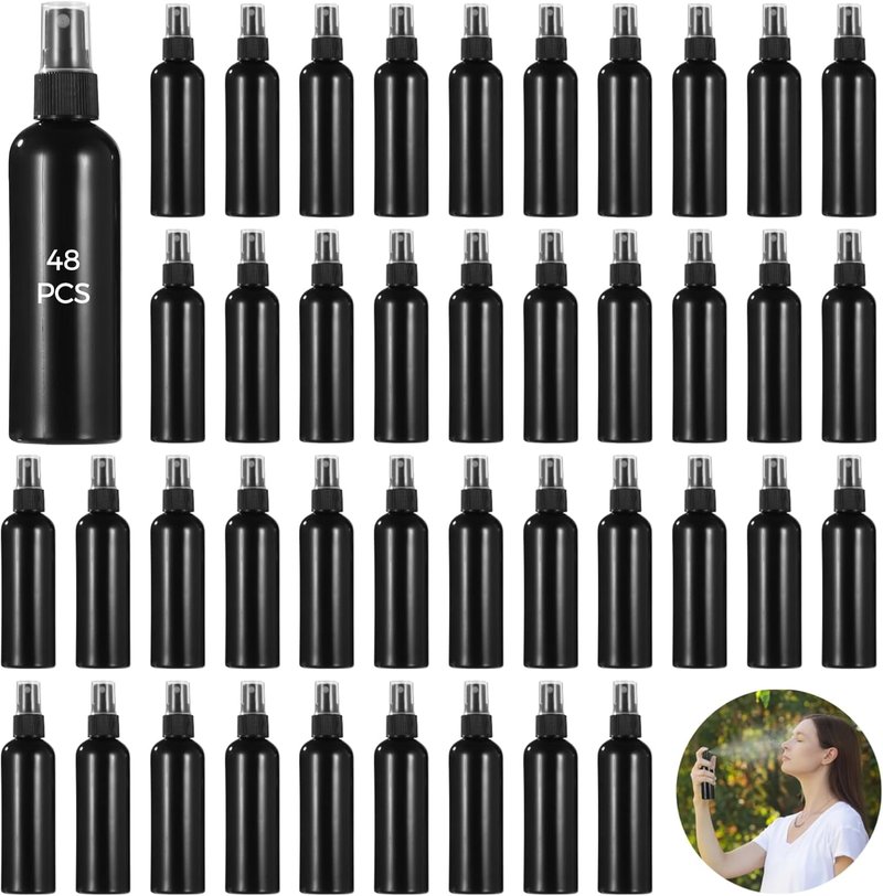OMISTAR 48 Pcs 4 oz Plastic Spray Bottles | Fine Mist Sprayers for Perfumes & Cleaning Solutions - Black