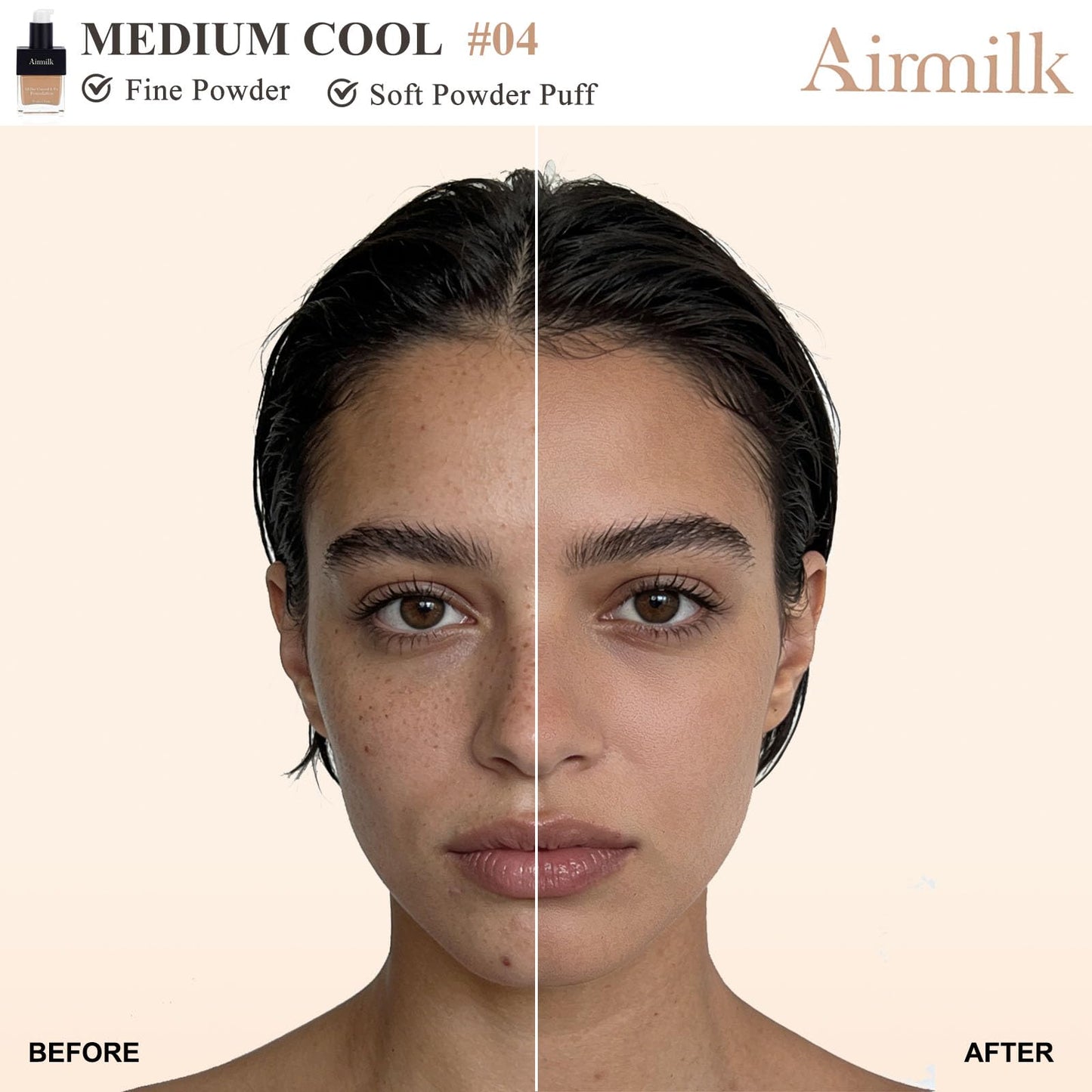 Airmilk Full Coverage Natural Liquid Foundation, Skincare Makeup with Salicylic Acid, Tattoo Cover, for All Skin Types, Sensitive Skin 30ml（MEDIUM COOL）
