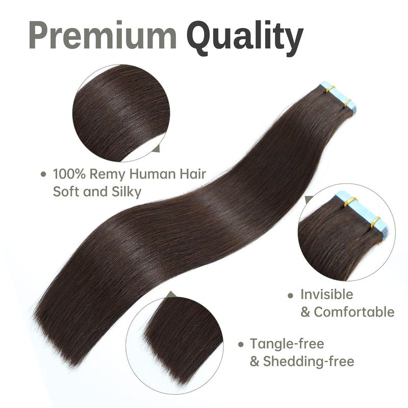 Tape In Hair Extensions - 100% Real Human Hair, Straight Dark Brown - 20 Inch, 50g, Seamless Weft for Women