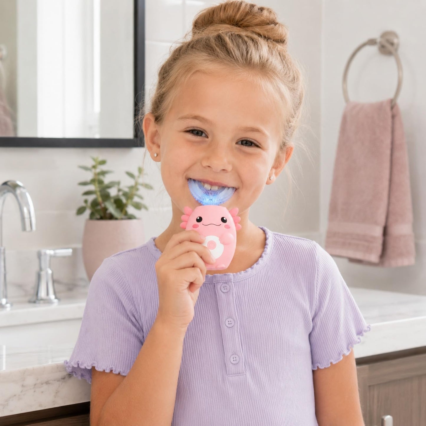 Kids Electric U Shaped Automatic Toothbrush,Cute Axolotl-Age 2-15 Pink