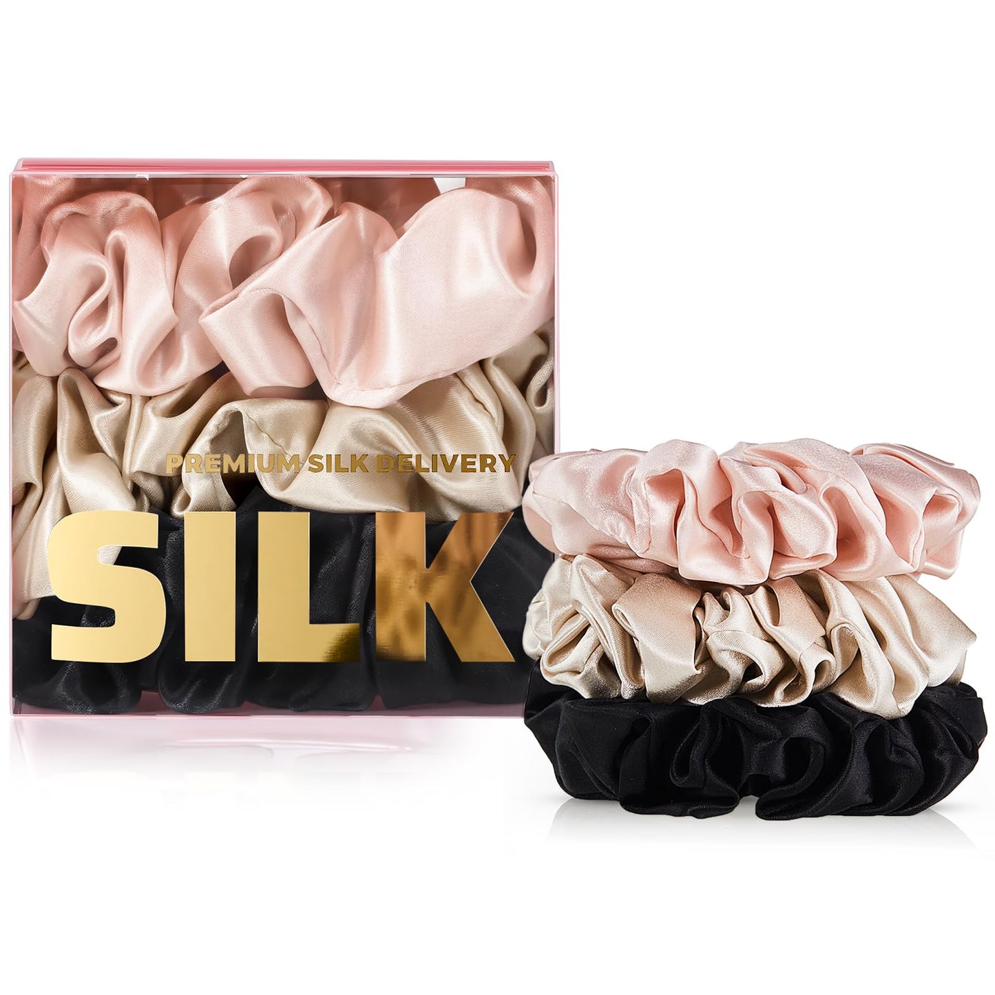 PILAVA 100% Mulberry Silk Scrunchies, 3 Pack 22 Momme Large Silk Hair Ties for Women, Oversized No Crease Ponytail Holders for Thin or Fine Hair, Soft Gentle Hold for Sleeping & Night Care, Gift Set