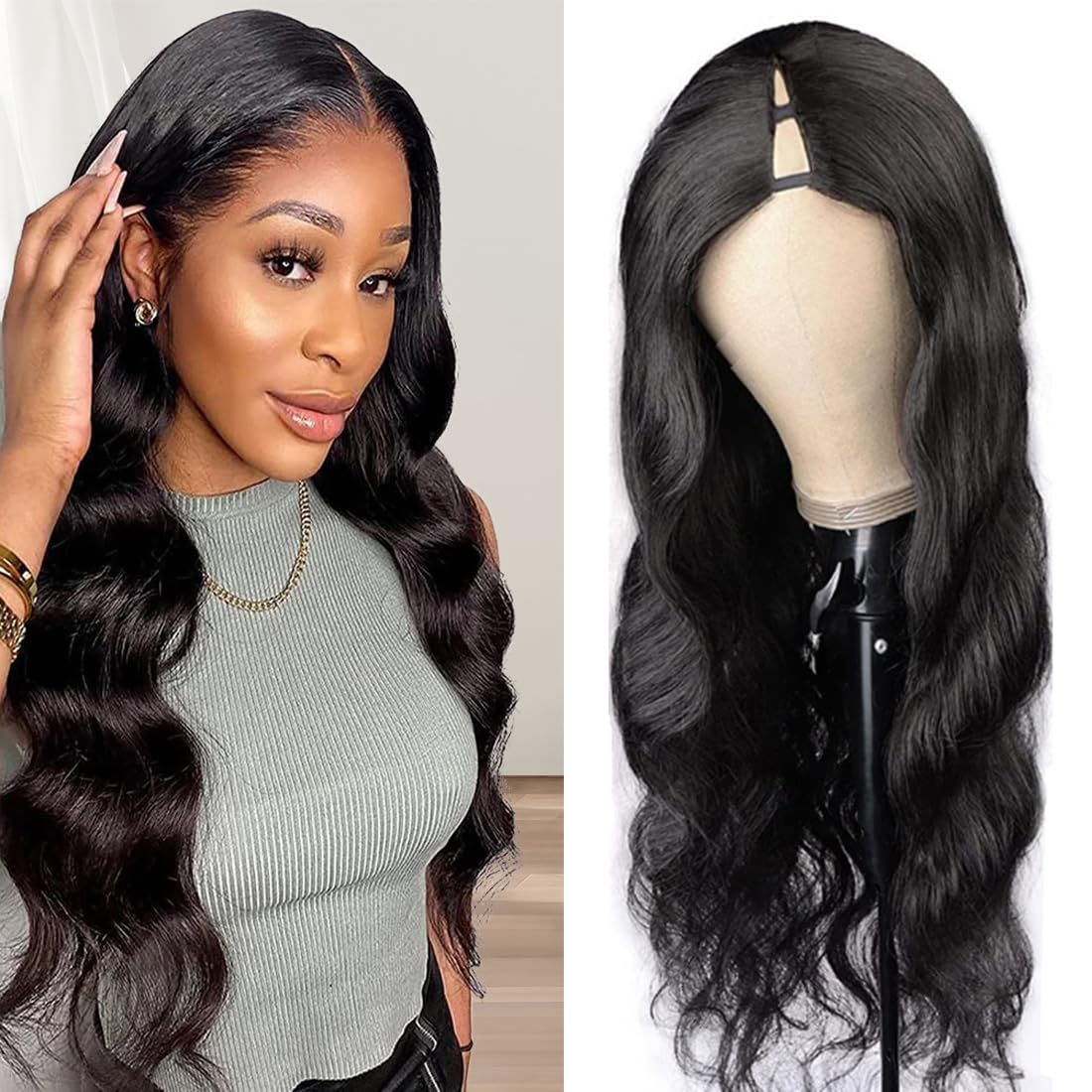 draconenee V Part Wig Human Hair 12 inch Upgrade U Part Wigs Body Wave for Black Women Beginner Friendly No Sew In and No Leave Out Glueless Brazilian Virgin Hair Wig Natural Black Color 180% Density