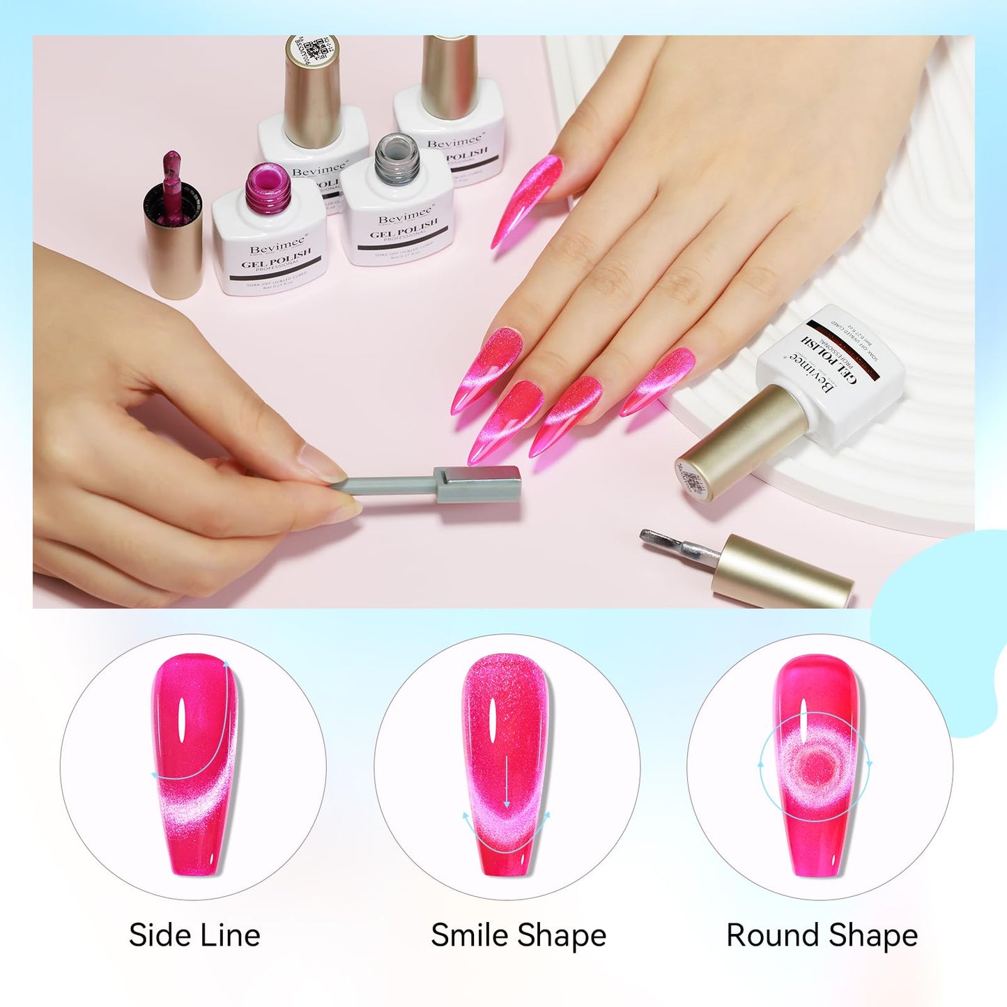 Bevimee Neon Cat Eye Gel Nail Polish Set 10 Colors: Magnetic Cateye Gel Polish 9D Effect, Sparkle Glitter Bright Red Hot Pink Blue Nail Polish Long Lasting Soak Off Home Salon