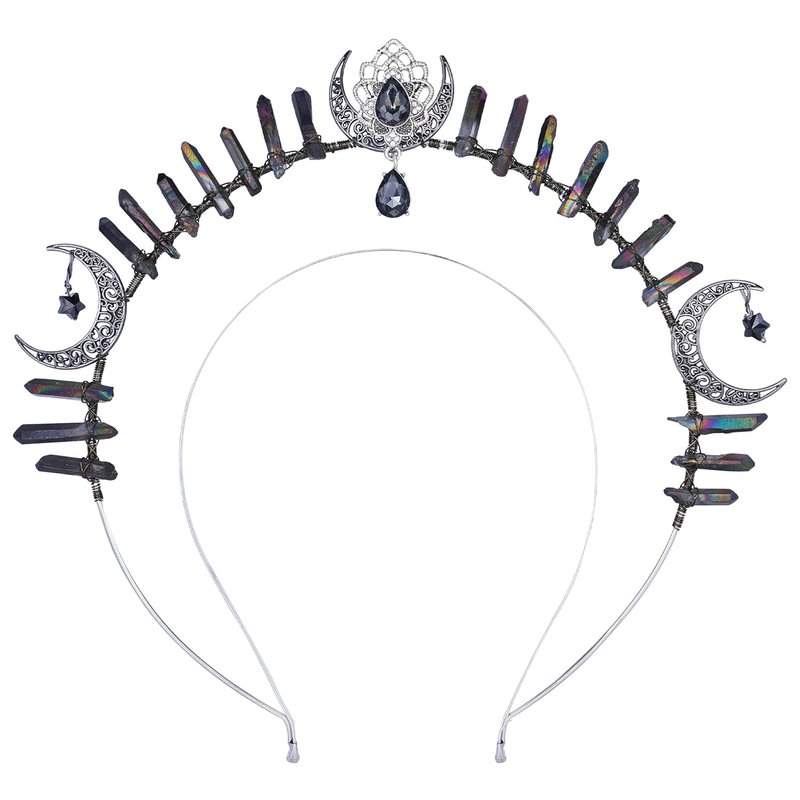 Goth Goddess Halo Crown - Black Moon Star Headband | Gothic Quartz Crystal Headdress for Festivals & Cosplay