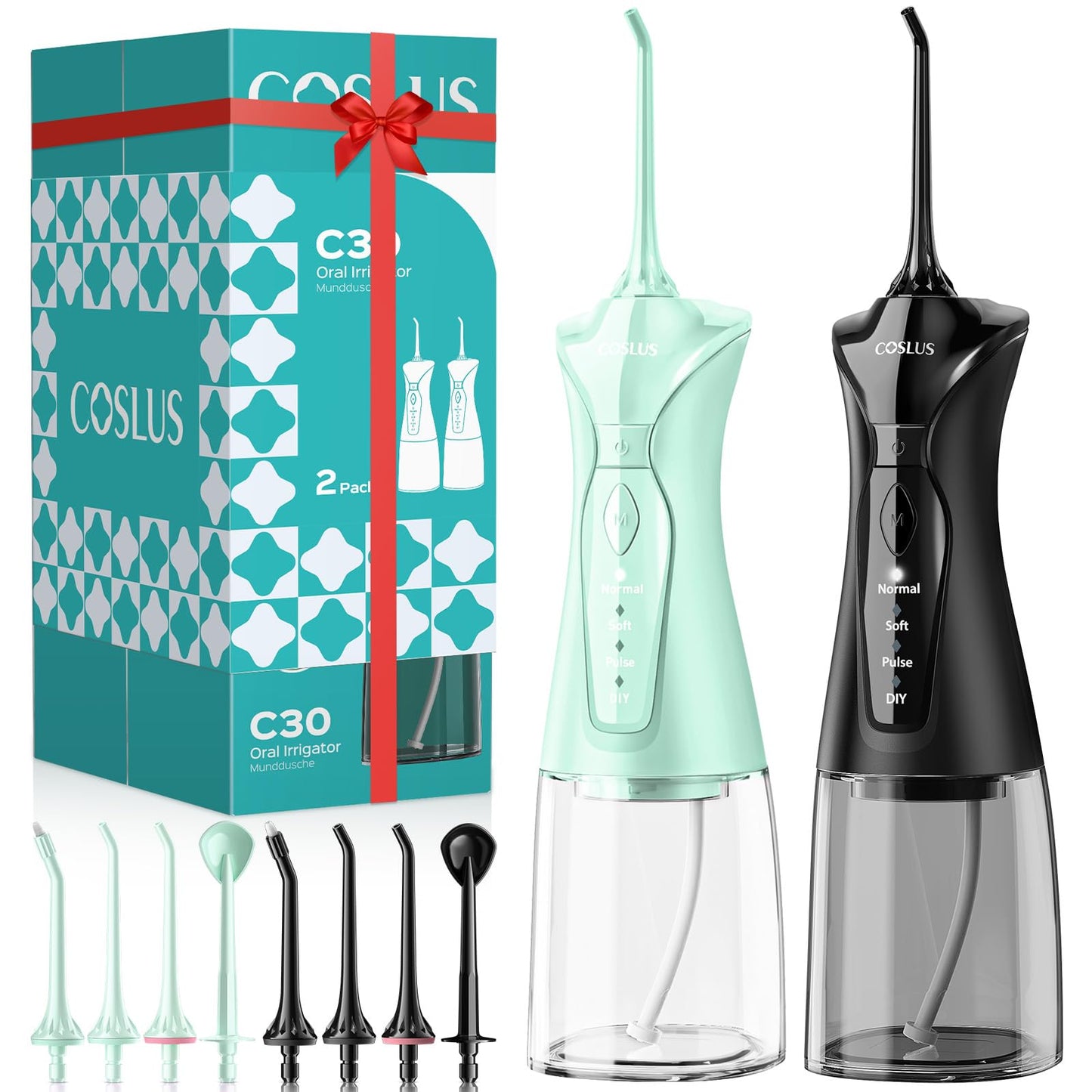 COSLUS C30 Water Dental Flosser Pick for Teeth: 4 Modes Cordless Portable 300ML Larger Tank Water Teeth Cleaner IPX7 Flossing Cleaning Picks for Home Travel Black Green 2pcs Portable Set