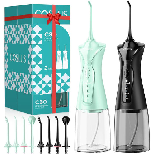 COSLUS C30 Water Dental Flosser Pick for Teeth: 4 Modes Cordless Portable 300ML Larger Tank Water Teeth Cleaner IPX7 Flossing Cleaning Picks for Home Travel Black Green 2pcs Portable Set
