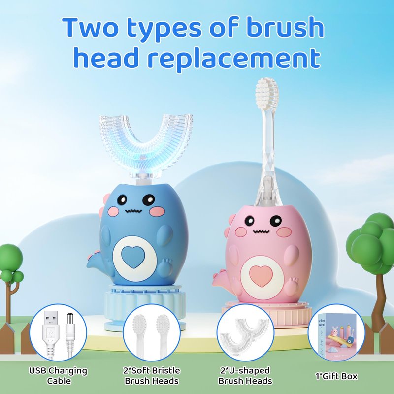 Lwalaneng Kids U Shaped Electric Toothbrush, with 3 Cleaning Modes, with 4 Brush Heads, 360° Sonic Automatic Toothbrush, IPX7 Waterproof Cartoon Dinosaur Design (Ages 2-12)
