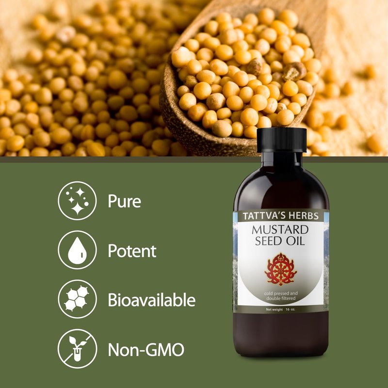 Tattva's Herbs Mustard Seed Oil for Hair, Cooking, Skin, & Massage, Unrefined Cold Pressed, Soothes Sore Joints, Kapha Balancing, 16 fl oz