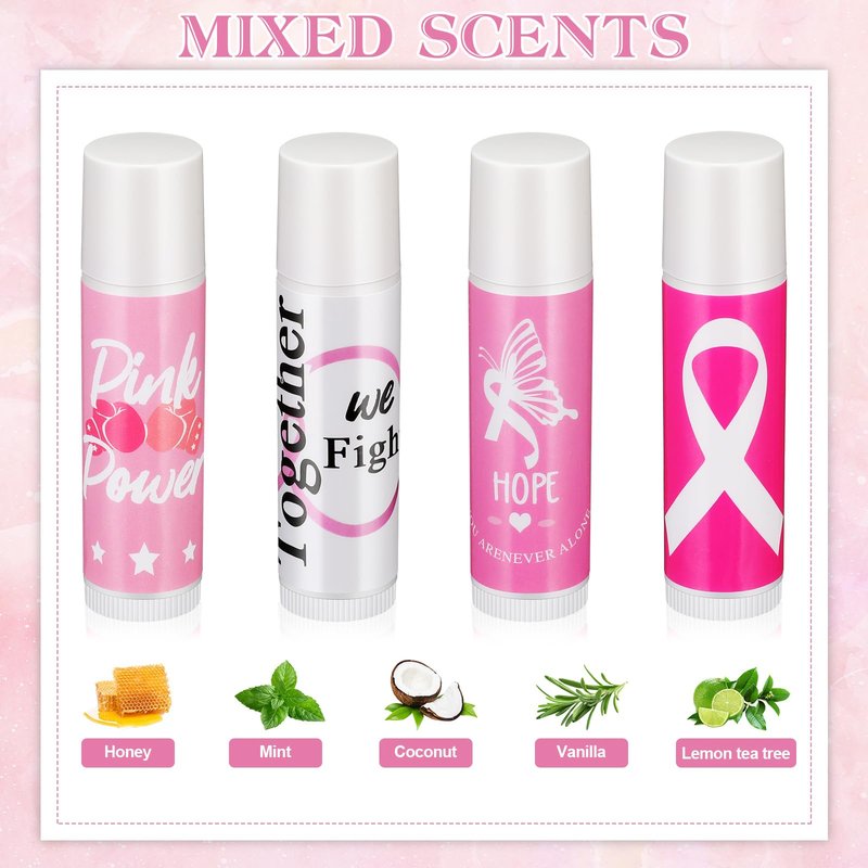 Fumete 50 Sets Breast Cancer Awareness Accessories Gifts Lip Balm Bulks Pink Ribbon Breast Cancer Awareness Items Decorations Natural Ingredients Survivor Gifts Items for Girl Women