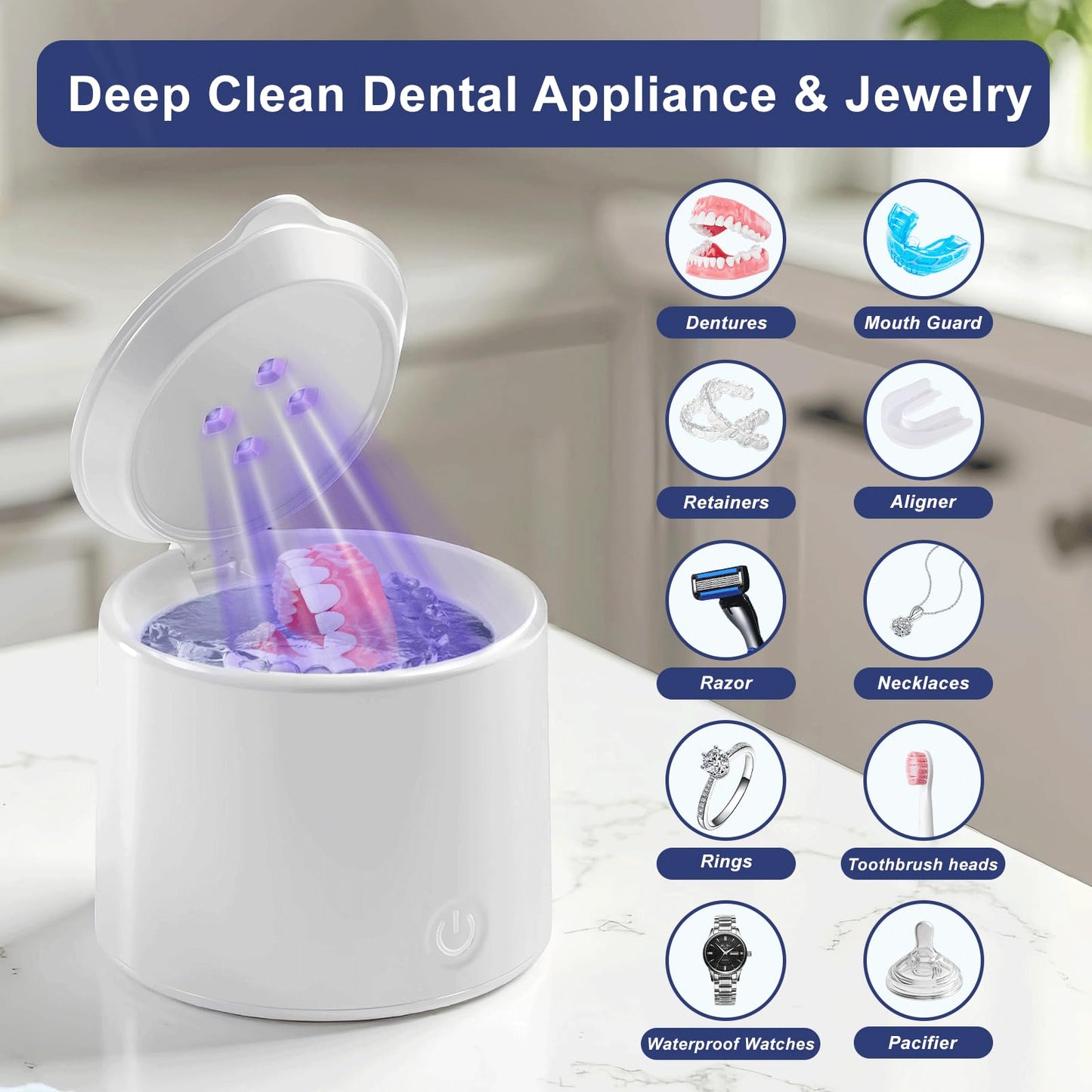 Ultrasonic Retainer Cleaner, 48kHz Denture Cleaner, Retainer Cleaning Machine for Denture, Retainer, Aligner, Jewelry, Mouth Guard, Brace, Toothbrush, Pacifier, Razor, 3 Modes Jewelry Cleaner-White