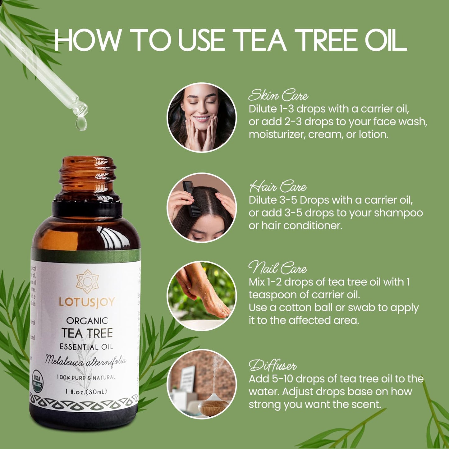 Organic Tea Tree Oil for Skin, Hair, Face, Scalp, Nails, 100% Pure Australian Tea Tree Essential Oil for Room Linen Spray, Diffuser -1 Oz