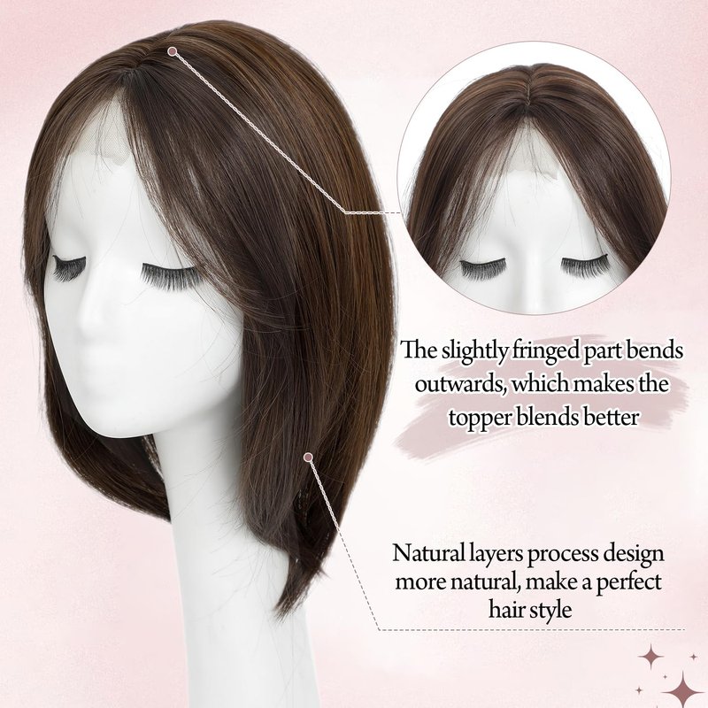 Megito Hair Topper 12inch Clip in Synthetic Hair Toppers for Women with Thinning Hair Layered 6.5"X6.5" Big Base Toppers Hair Pieces for Women Natural Look Brown with Highlights