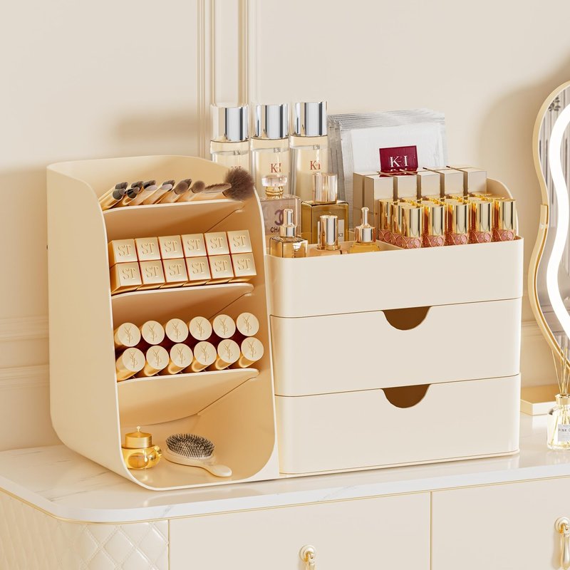 KQJS Makeup Organizer with Drawers,Large Capacity Countertop Organizer for Vanity,Bathroom and Bedroom Desk Cosmetics Organizer,Easy To Storage Skincare,Brushes,Lotions,Lipstick (All Cream)
