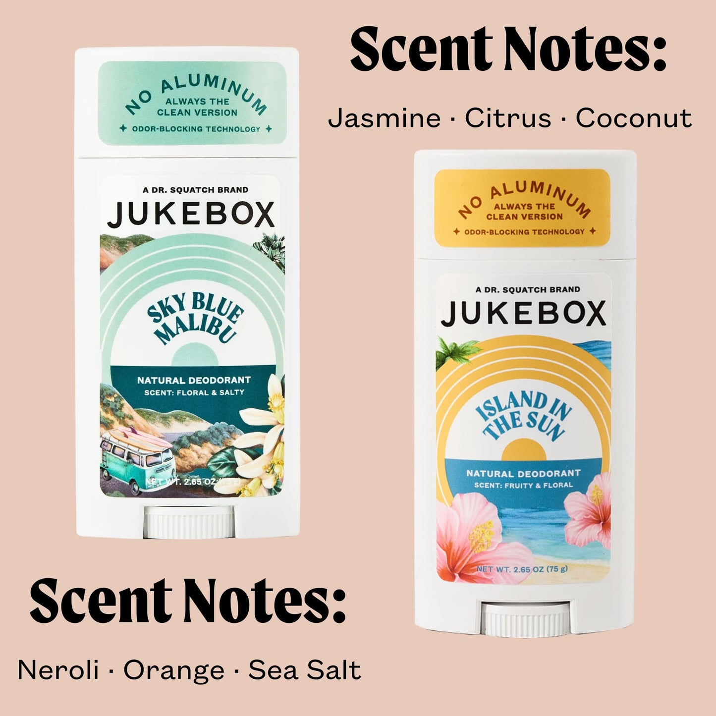Jukebox Natural Deodorant for Women–Sky Blue Malibu & Island in the Sun Scents, Multi Pack-Aluminum-Free, No Baking Soda, No Harsh Chemicals, Odor Blocking Technology-a Dr. Squatch Brand-2.65oz,2 Pack