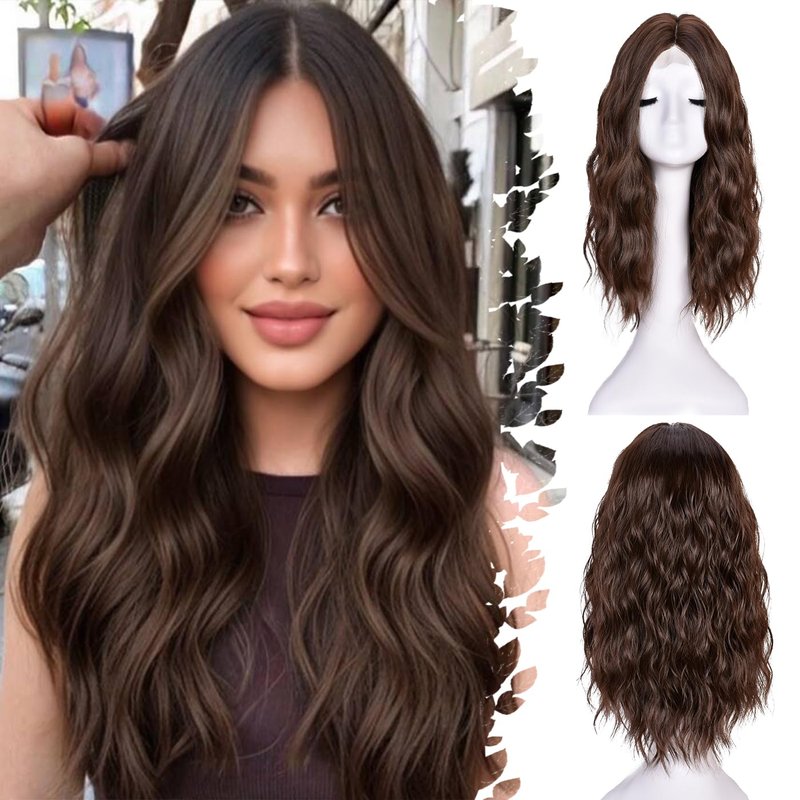 ANNISOUL Brown Short Wavy Wigs for Women 18Inch Bob Wave Wig Middle Part Synthetic Lace Front Natural Hairline Hair for Daily Party Use