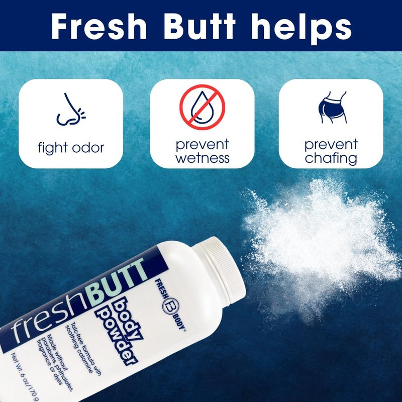 Fresh Butt Body Powder for Men & Women - Talc-Free with Calamine for Friction Fighting, Anti-Chafing, Anti-Itch, Odor & Sweat Absorbing, Unscented, 6oz