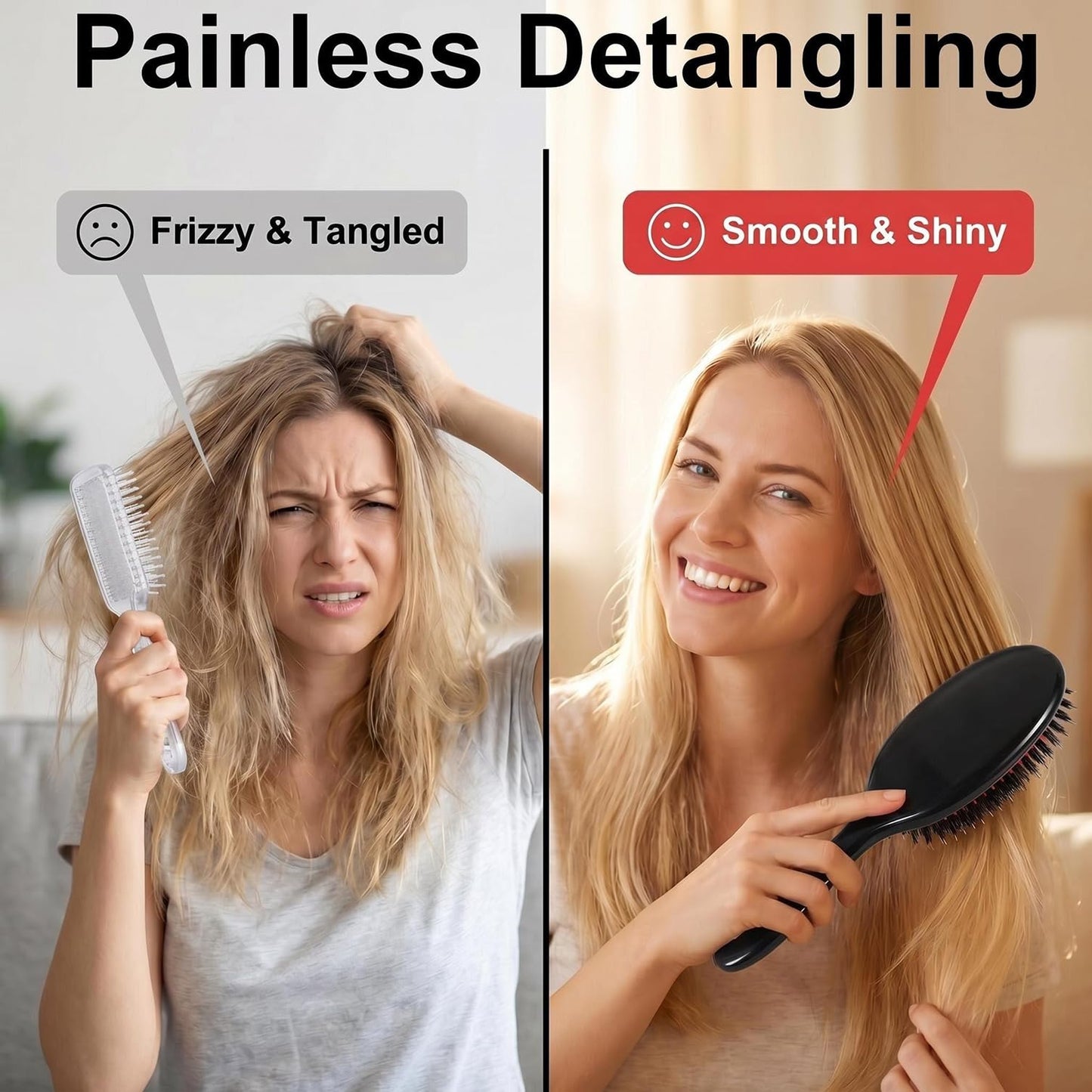 Boar Bristle Hair Brush Paddle Detangling Brush for Women and Men, Anti-frizz Styling Hairbrush Comb for Fine Curly Natural Tangled Hair, Cushioned Boar Nylon Bristle Brush
