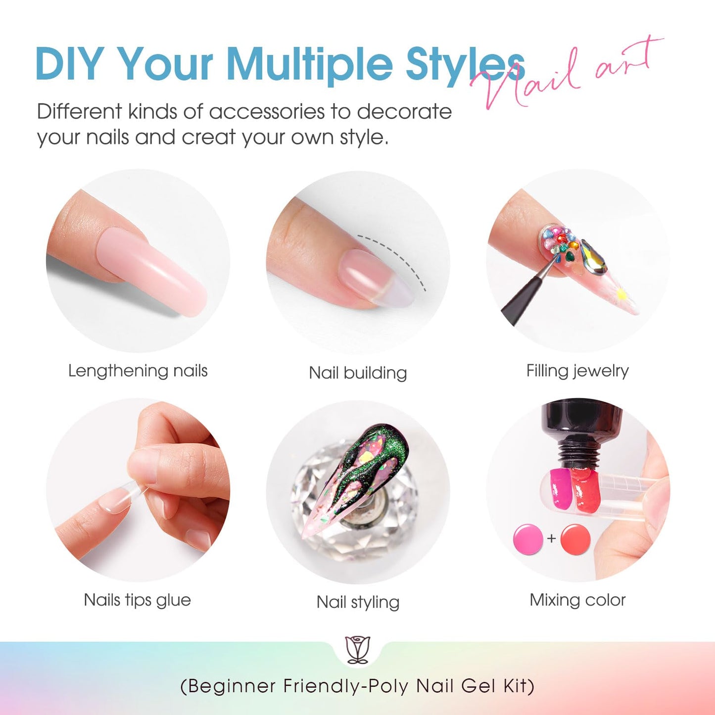 ROSALIND Poly Nail Gel Kit, 14 Colors Clear Nude Glitter Poly Nail Gels Kit with U V Light Poly Nails Gel Starter Kits For All Seasons Beginner DIY at Home