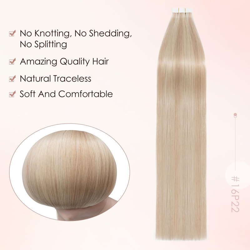 Human Hair Tape in Extensions-Double Stitched,SLEEKALON Free-cut Mini Tape ins Real Hair Extension Platinum Blonde Invisible Seamless Straight Double Side Tape Hair Extension-18 Inch,20pcs 50g,#60