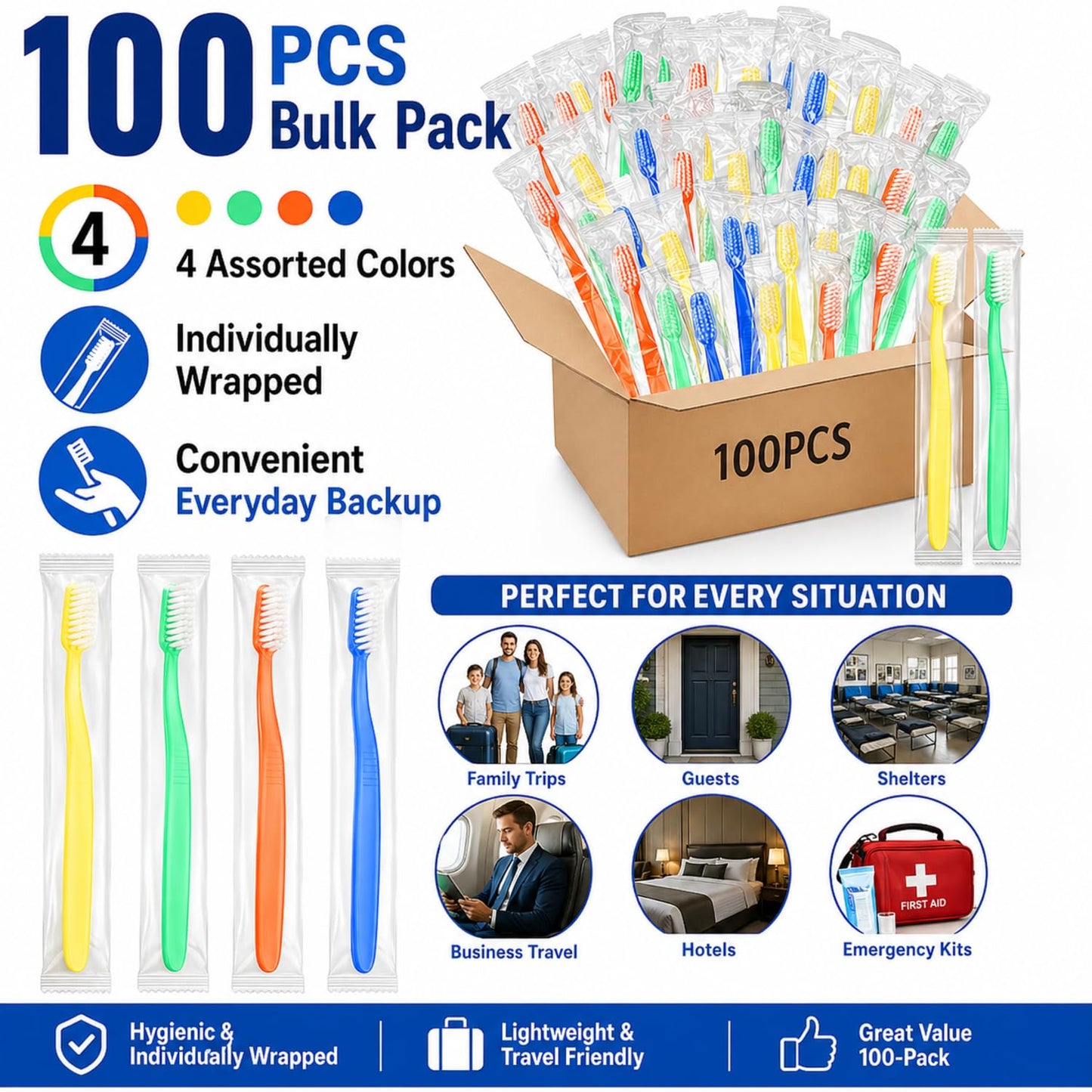 Ziliny 100 Pcs Prepasted Disposable Toothbrushes Bulk Individually Wrapped Pre Pasted Soft Bristle Set Travel Colorful Toothbrushes for Homeless Gift Hotel Camping Travel