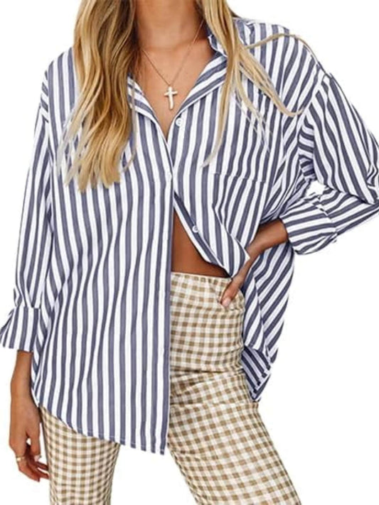 Women's Blouses Striped Long Sleeve Shirts Button Down Loose Fit Casual Tops
