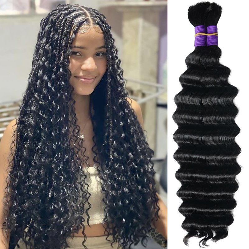 Human Braiding Hair for Boho Braids Deep Water Wave Hair Extensions Boho Hair for Braiding 12A 110g 2 Bundles/Pack Natural Color Pre-Stretched 16 Inch