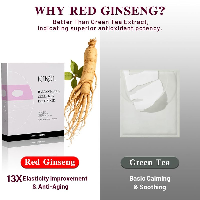 Collagen Face Mask with Eye Patches - Anti-Aging Hydrogel for Glass Skin Glow | Red Ginseng & Peptides, 4 Sheets (Pink)