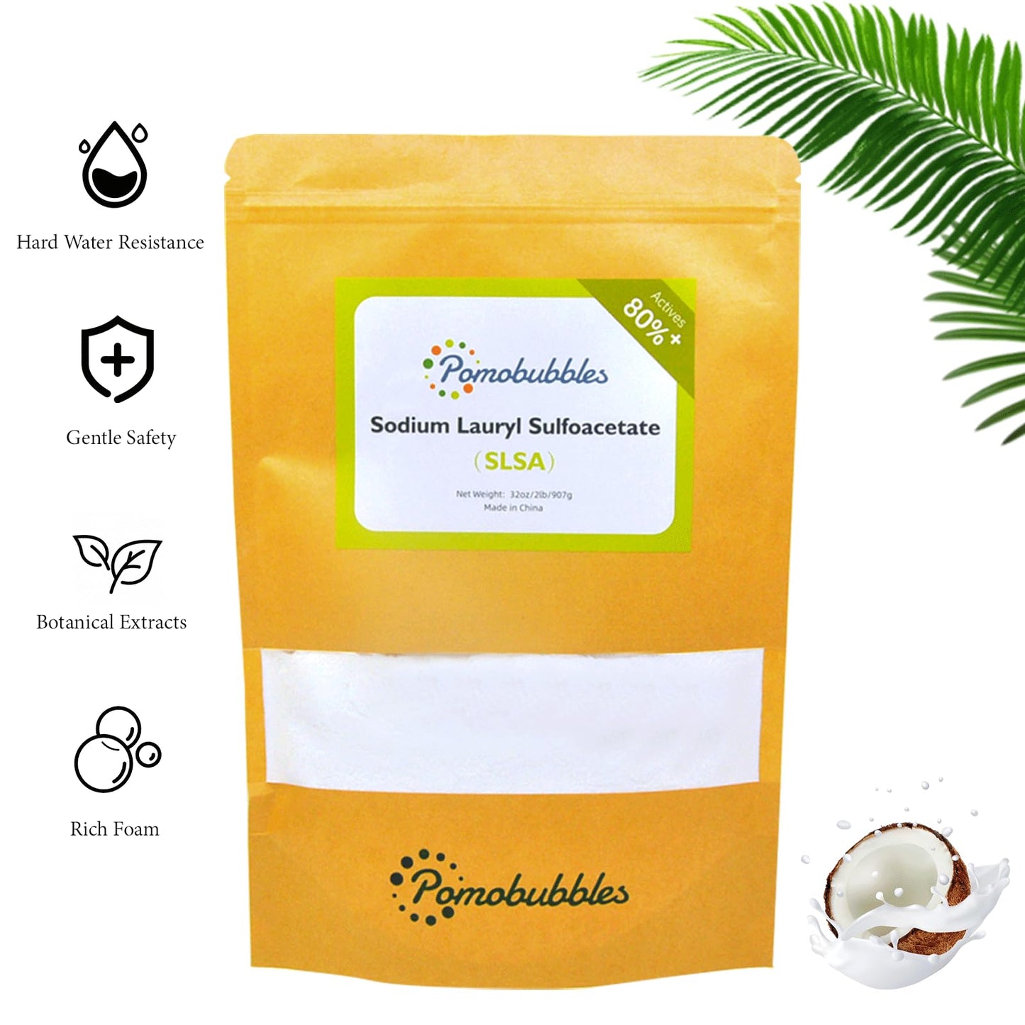Pomobubbles 2 Pound SLSA Sodium Lauryl Sulfoacetate Powder Long Lasting Foam & Bubbles, Gentle on Skin, Bath Bomb Additive, Surfactant & Latherer, Suitable for Making Bath Bombs