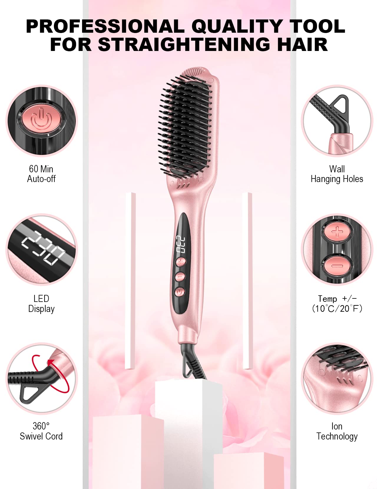 LANDOT Ionic Hair Straightener Brush – Ceramic Straightening Brush with 12 Heat Settings (250-450°F) for Smooth & Shiny Results, Ideal for Medium & Long Women Hair, Dual Voltage, Rose Gold