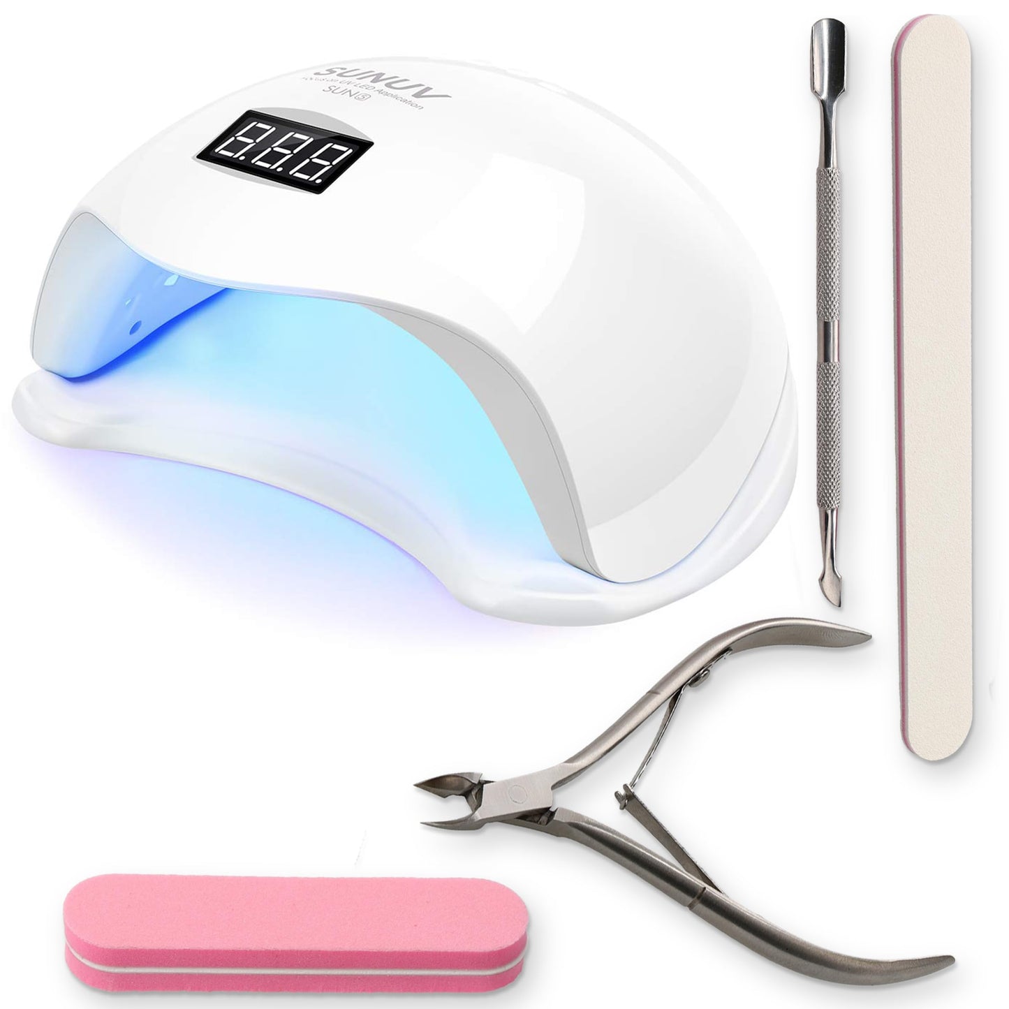 SUNUV UV LED Nail Lamp with 4PCS Cuticle Nippers, Cuticle Pusher with Nail File and Buffer Set, Professional Stainless Steel Durable Pedicure Manicure Nail Care Tools