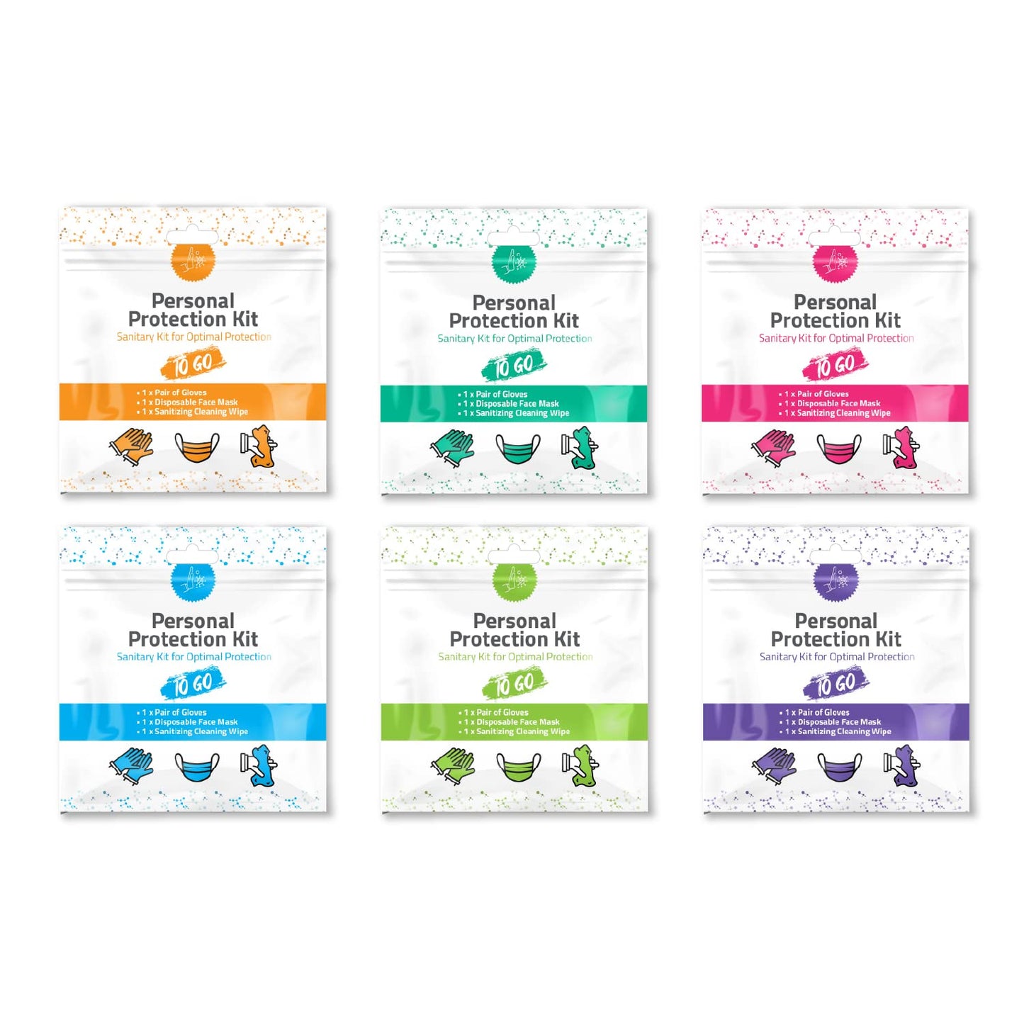 Personal Protection Kits – Mini 3 Item 10 PACK | Convenience on the Go | Individually wrapped pack for travelling | PPE Kit | Plastic Gloves, Hand Cleansing Wipes, Disposable Face Mask (Purple)