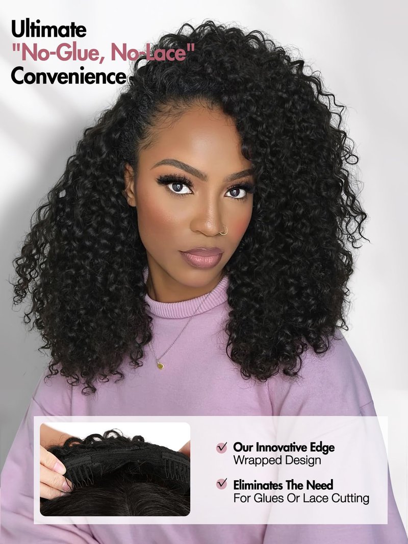quickwig Curly Half Wig Water Wave Glueless Wigs 3 In 1 Seamless Short Half Wigs for Black Women Kinky Curly Half Wig Wear and Go Beginner Friendly Synthetic Headband Wig 16 Inch Black Color