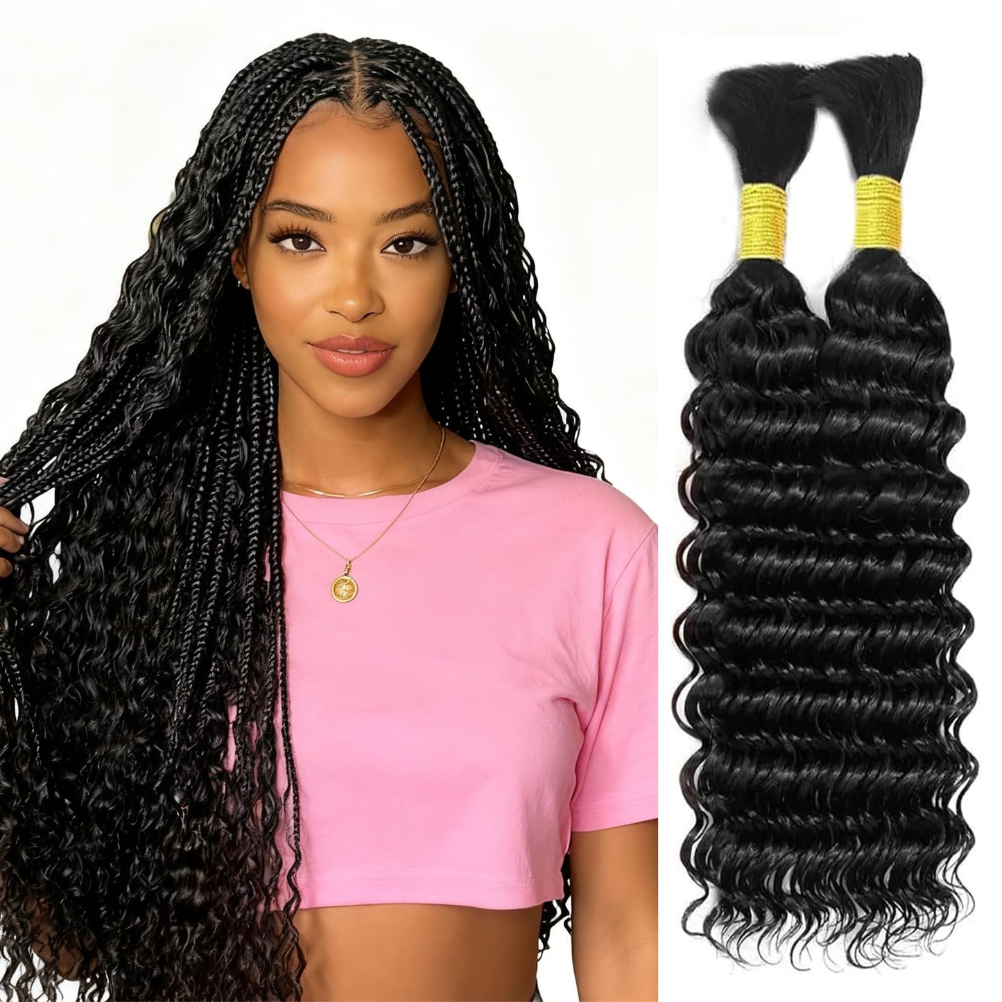 Hailookmey Human Braiding Hair for Boho Braids 150g Deep Wave Human Hair for Braiding 3 Bundles/Pack No Weft Curly Human Hair Extensions for Braids (Natural Black Color,18 Inch)