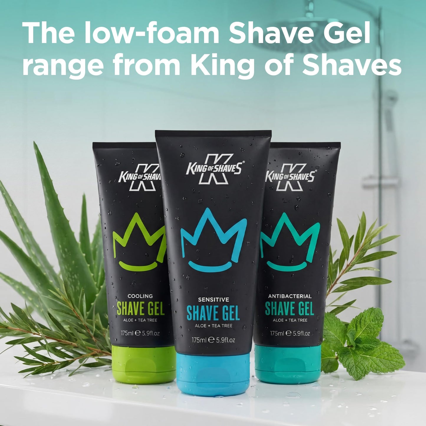 King of Shaves Antibacterial Shave Gel for Men Quad Pack Clear Low Foam Shaving Gel for Sensitive Skin, Aloe Vera & Tea Tree, Precision Beard Shaping, Vegan, 96% Naturally Derived 4 x 5.9 FL OZ