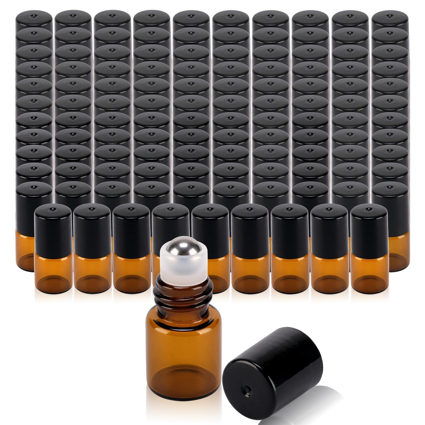 RAMFIYN 120 pack Amber Roller Bottles for Essential Oils 2ml Refillable Roll on Applicator for Travel Mini Makeup Containers with Pipettes and Bottle Opener
