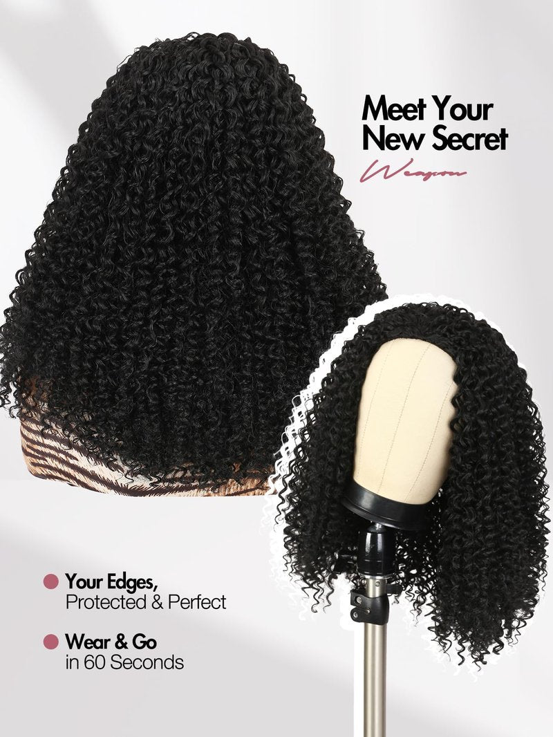 quickwig Curly Half Wig Water Wave Glueless Wigs 3 In 1 Seamless Short Half Wigs for Black Women Kinky Curly Half Wig Wear and Go Beginner Friendly Synthetic Headband Wig 16 Inch Black Color