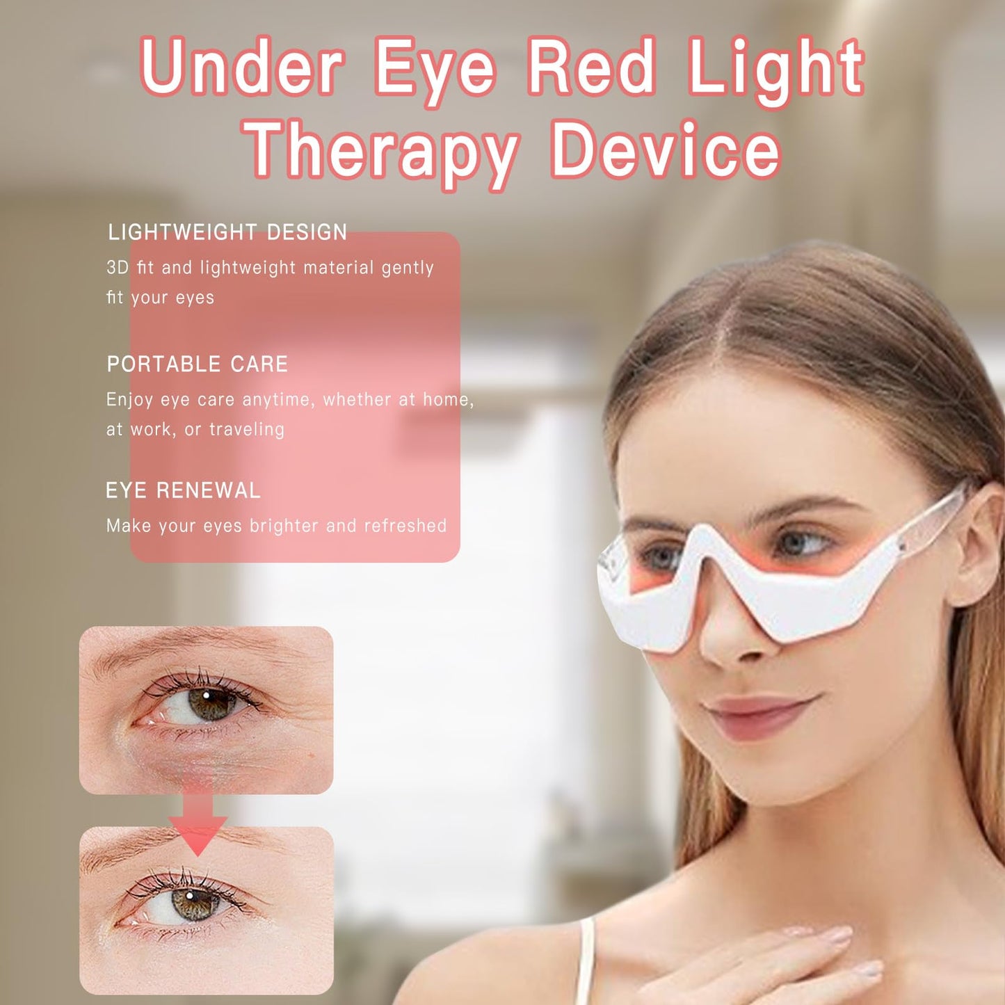 Under Eye Red Light Therapy Device - 3D Surround Massager Glasses for Eye Bags & Puffiness Appearance - Hands-Free Beauty Tool for Reading & Relaxing, 3 Microcurrent Intensities