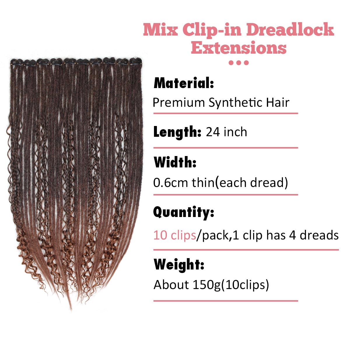 24 Inch Clip in Dreadlock Hair Extensions 10Clips 40 Strands Mixed Synthetic Dreads Extensions for Women,Handmade Soft Straight Boho Wavy Dreads,1B/30