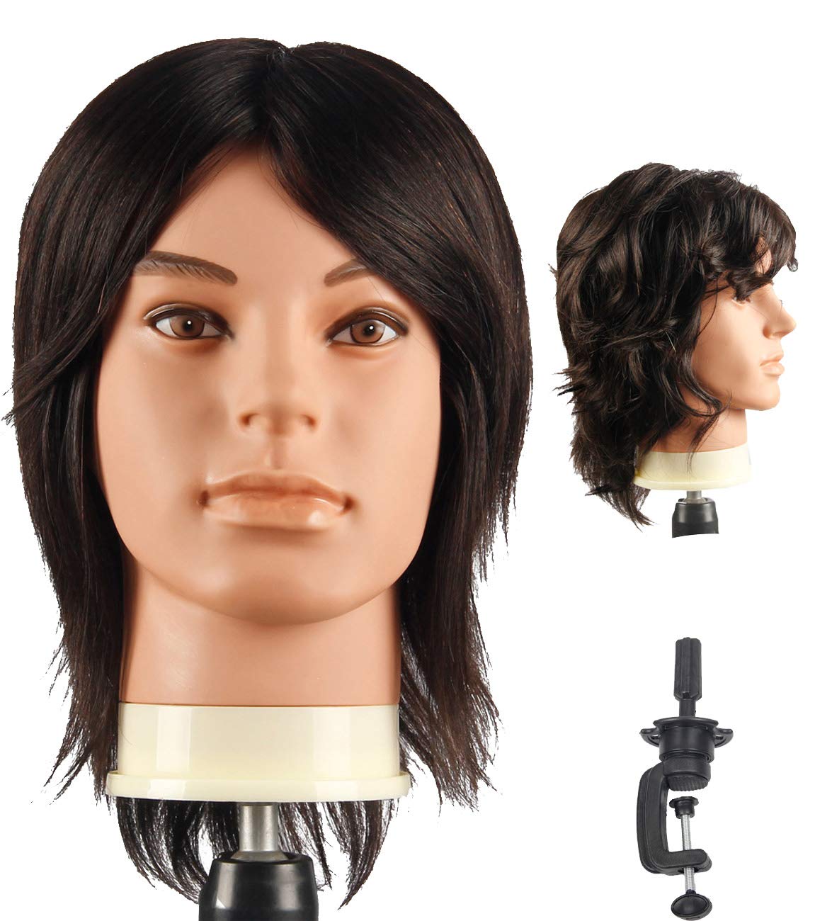 Male Mannequin Head - 100% Human Hair Cosmetology Manikin for Cutting & Styling | Includes Clamp Stand