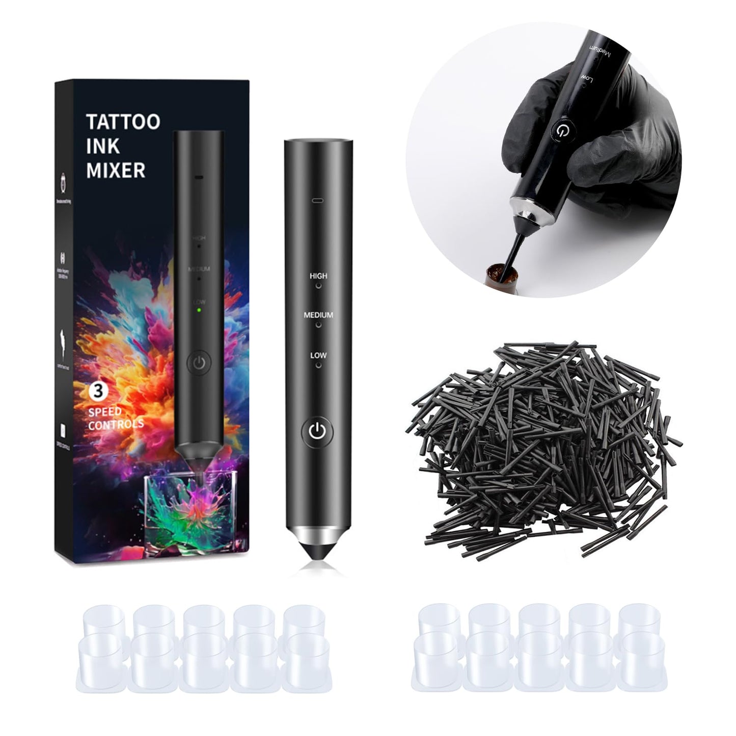 Tattoo Ink Mixer Machine Kit - Eyebrow Color Mixers Microblading Pigment Mixer for Makeup Supplies Black Electric Wireless Mixers Machines with 100Pcs Mixing Sticks (New Mixer + Eyebrow Ink, Black)