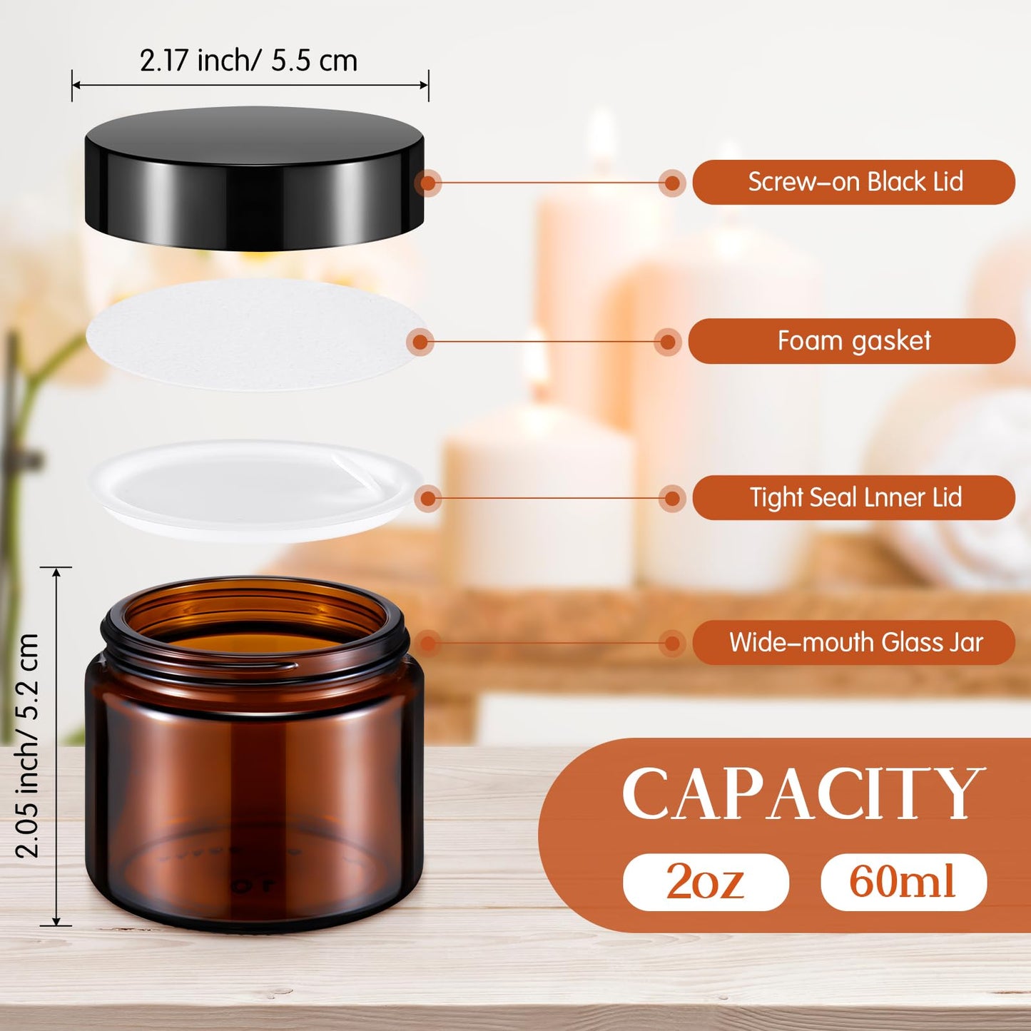 Domensi 32 Pcs 2 oz Glass Jars with Lids Small Glass Jars with Lids Round Leakproof Airtight Empty Cosmetic Travel Containers with Inner Liners Lid for Makeup Lotions Cream Ointments (Amber)
