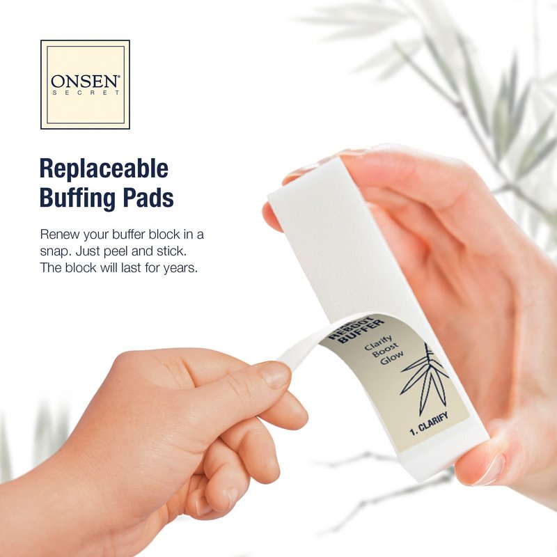 Onsen Secret Japanese Nail Reboot Cuticle Oil Kit | Buffer and Shine Kit w/ Professional File, 3-Way Buffer Block & Free Replacement Pads | Strengthening Combo for Healthy Nails, 1pk