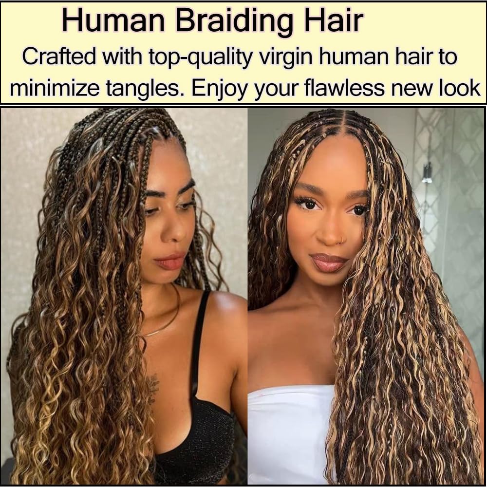 MYMYDA Human Braiding Hair for Boho Braids 16 Inch Curly Deep Wave Bulk 2 Bundles 100g 100% Unprocessed Virgin Hair Knotless Bohemian Braids Extensions Highlight Honey Blonde Color