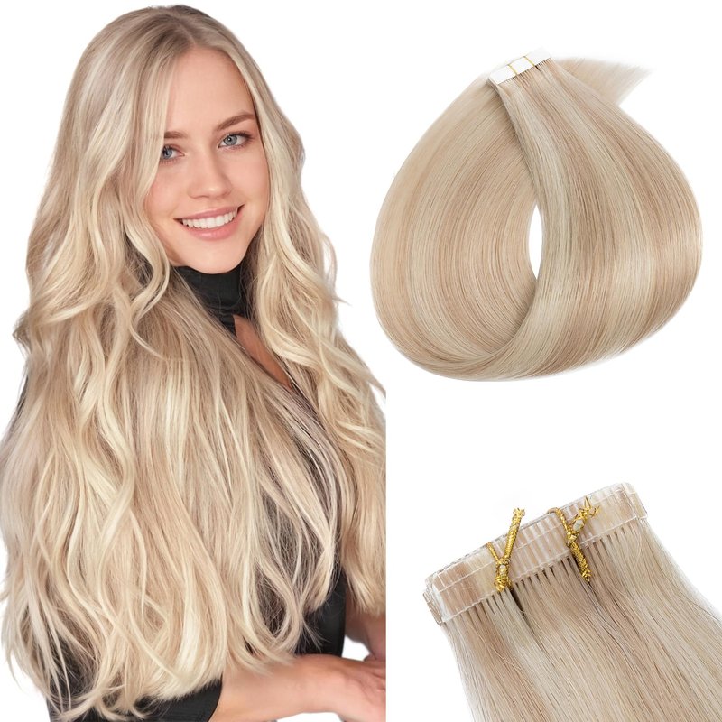 Human Hair Tape in Extensions-Double Stitched,SLEEKALON Free-cut Mini Tape ins Real Hair Extension Platinum Blonde Invisible Seamless Straight Double Side Tape Hair Extension-18 Inch,20pcs 50g,#60